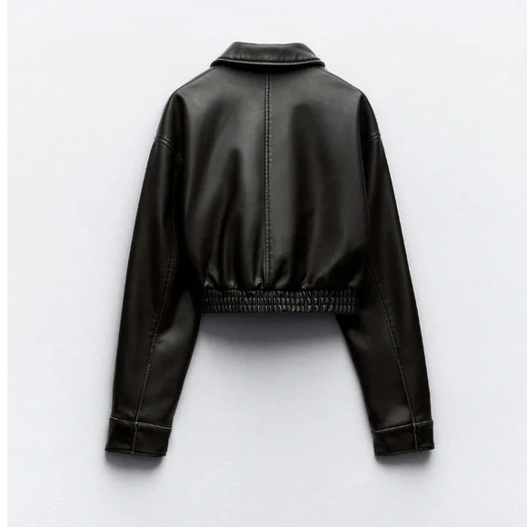 NWT Zara Washed Faux Leather Pocketed Cropped Bomber Jacket